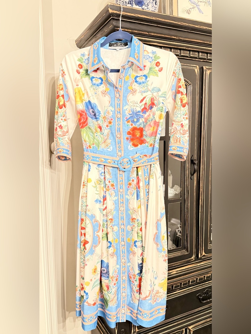 Dalia MacPhee Mediterranean Tile Floral Belted Shirt Dress Size M